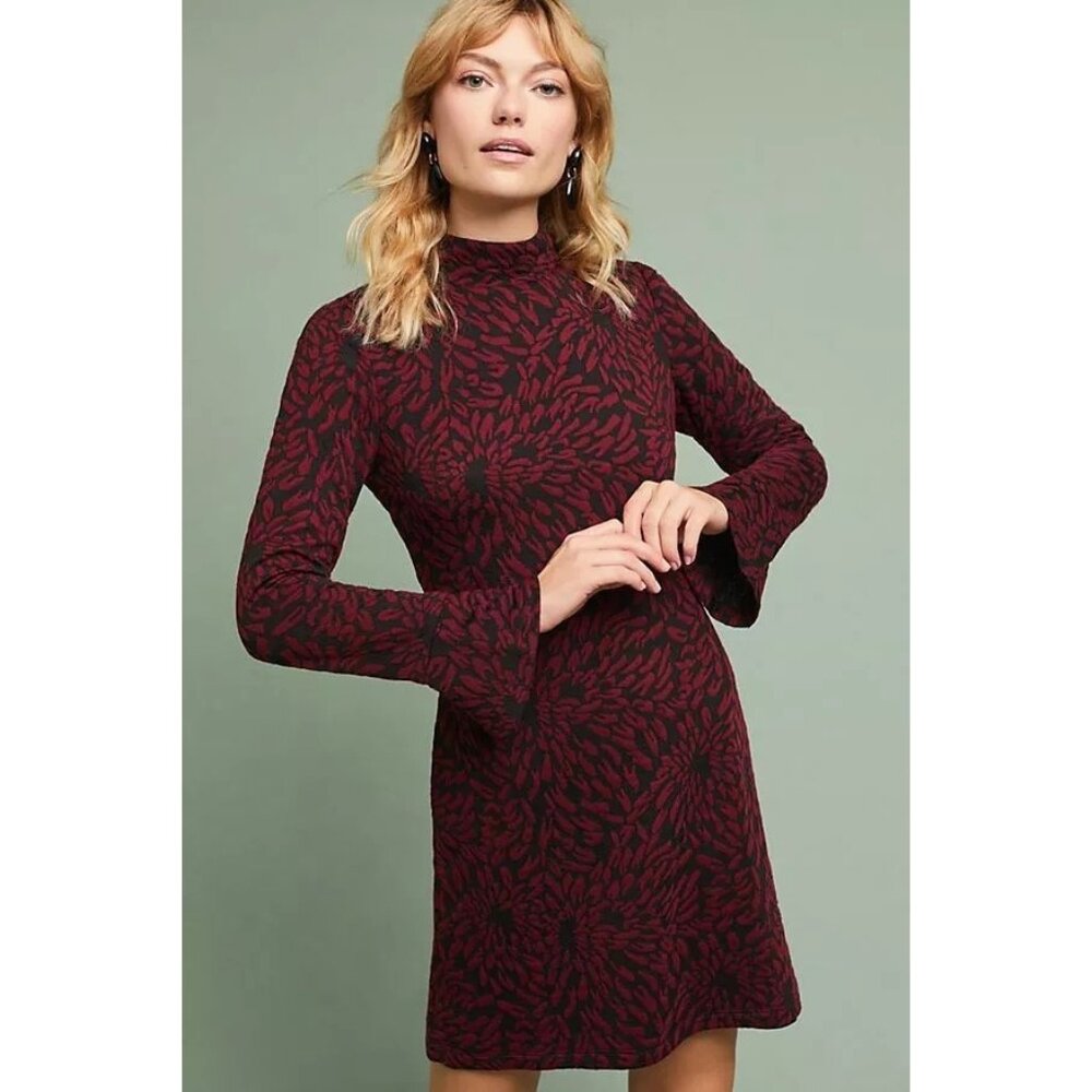 Anthropologie Hatch Red &‎ Black Textured Bell Sleeve Tunic Zip-Up Dress M